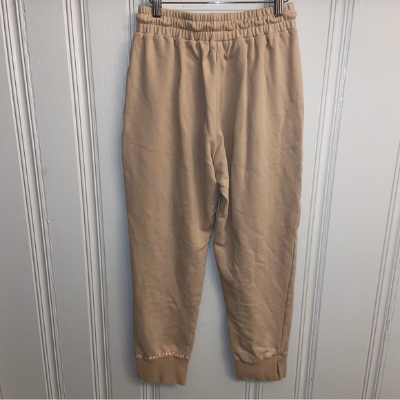 Hand Stitched by Halee Ann Tan Sweatpant Joggers Orange Embroidered Side Detail - Picture 4 of 8